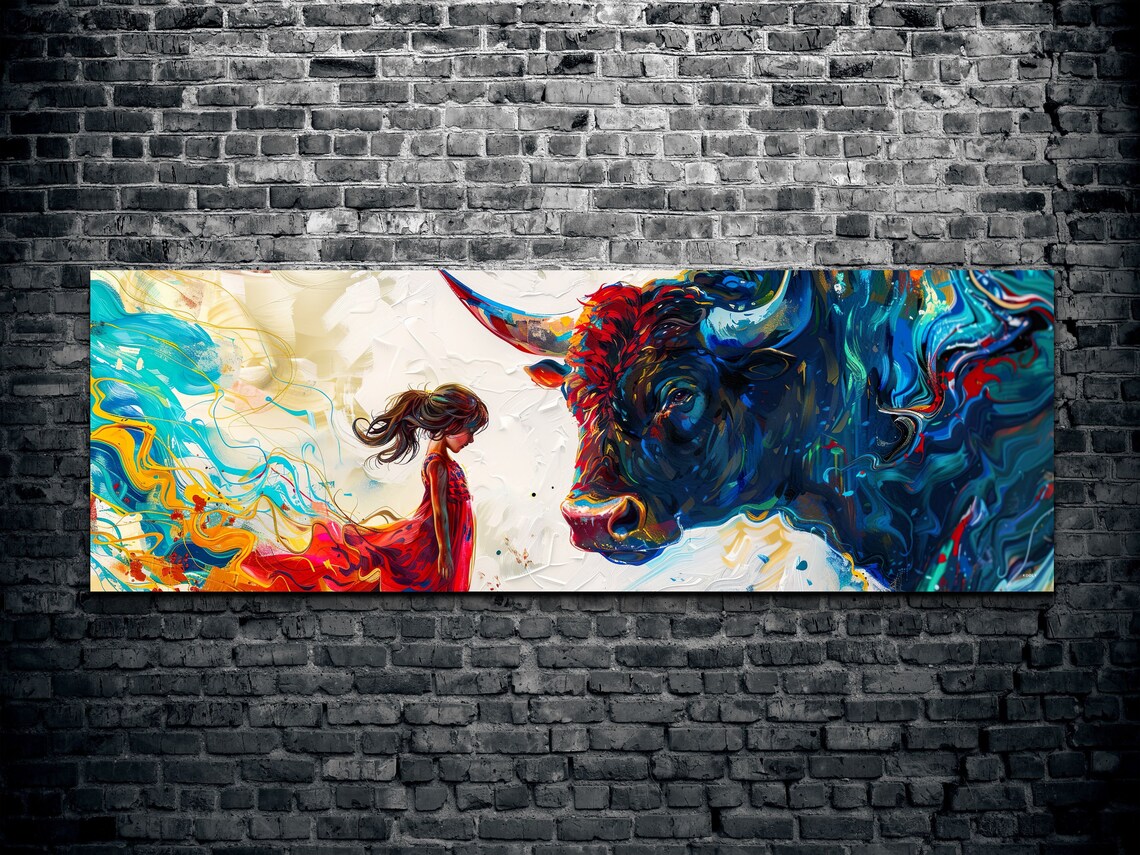 Abstract Girl Vs Bull Colorful Art Print - Image 2