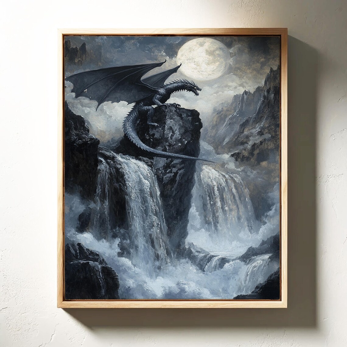 Majestic Dragon Over Waterfalls Moonlit Fantasy Mountain Poster - Image 4