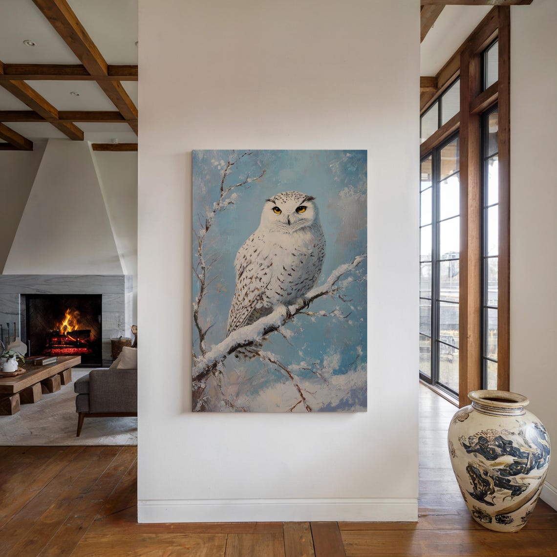 White Snowy Owl on Snowy Branch Against Pale Blue Sky Art Print - Image 6