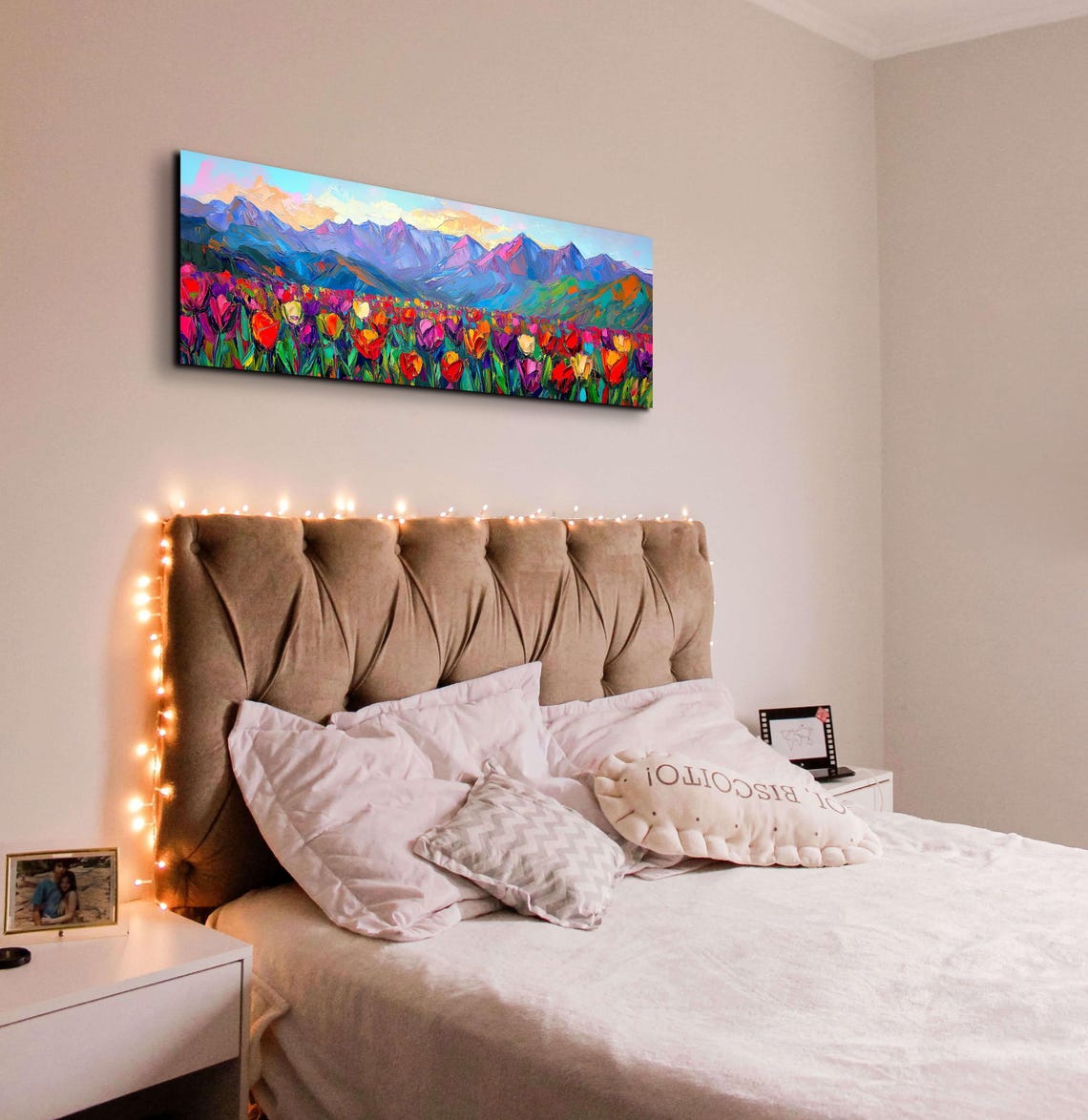 Colorful Tulip Field Mountain Sunset Panoramic Impasto Art Poster - Image 5