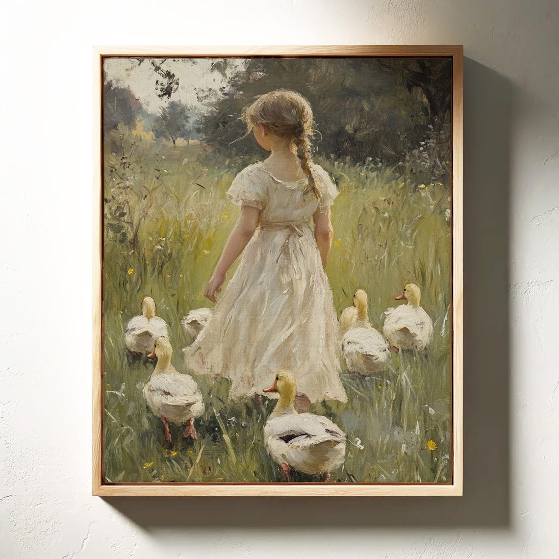 Young Girl With White Ducks Sunlit Meadow Pastoral Vintage Poster - Image 4