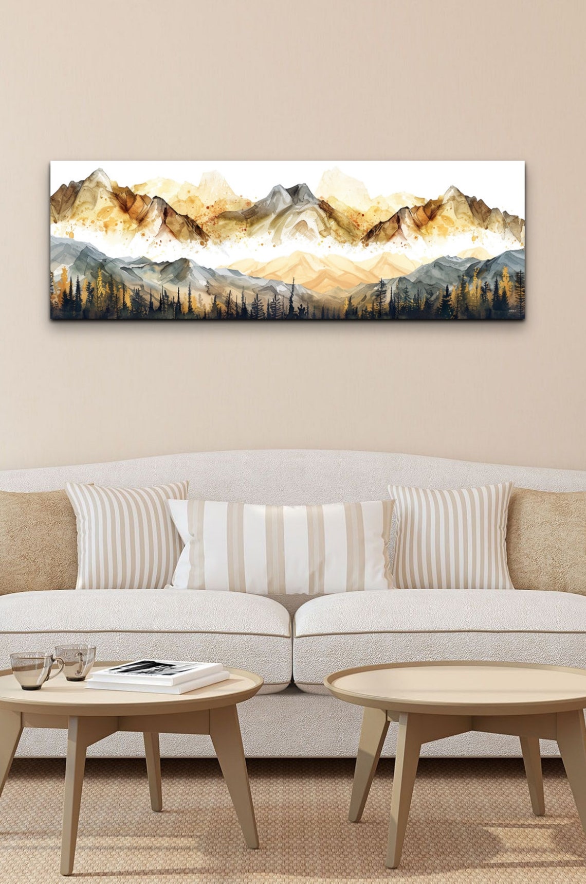Mist Covered Mountains Gray Gold Panoramic Watercolor Poster - Image 7