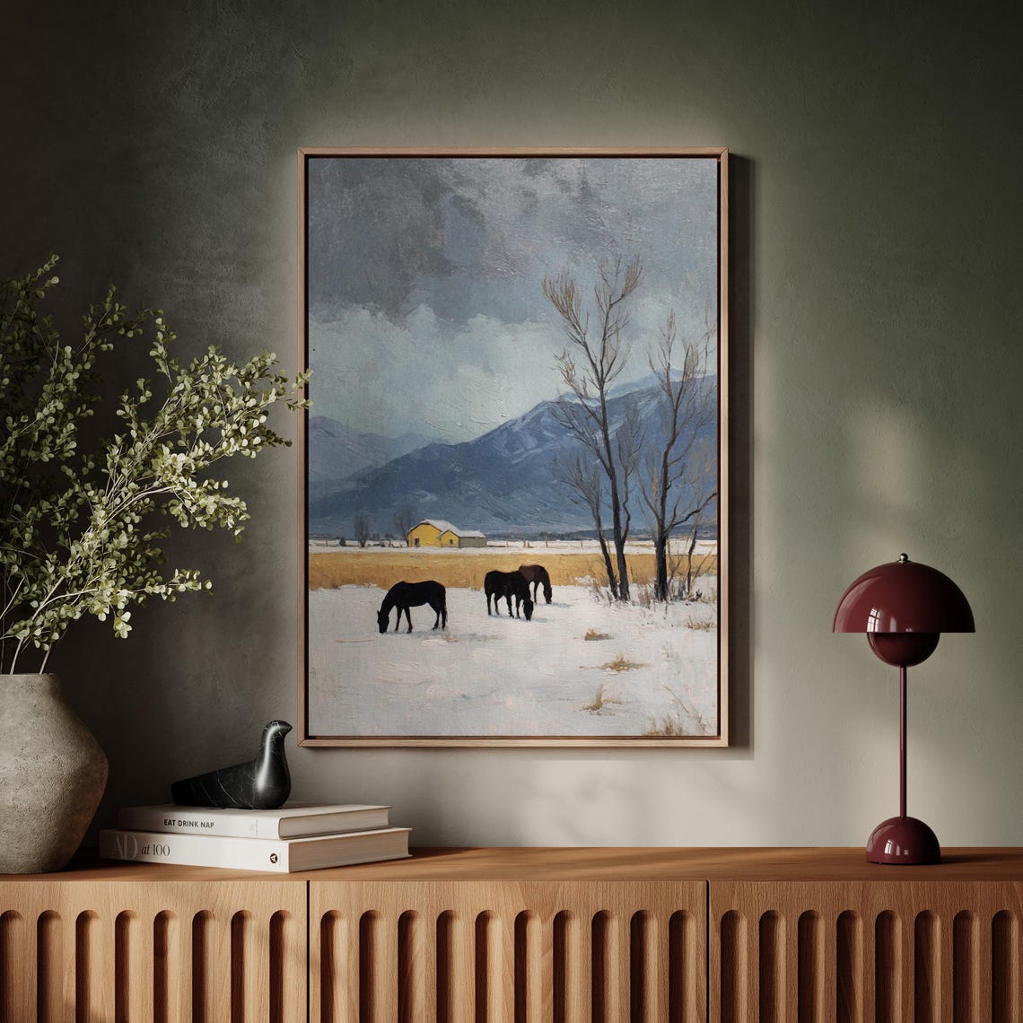 Winter Horse Pasture Landscape Snowy Farm Horses Mountain Poster