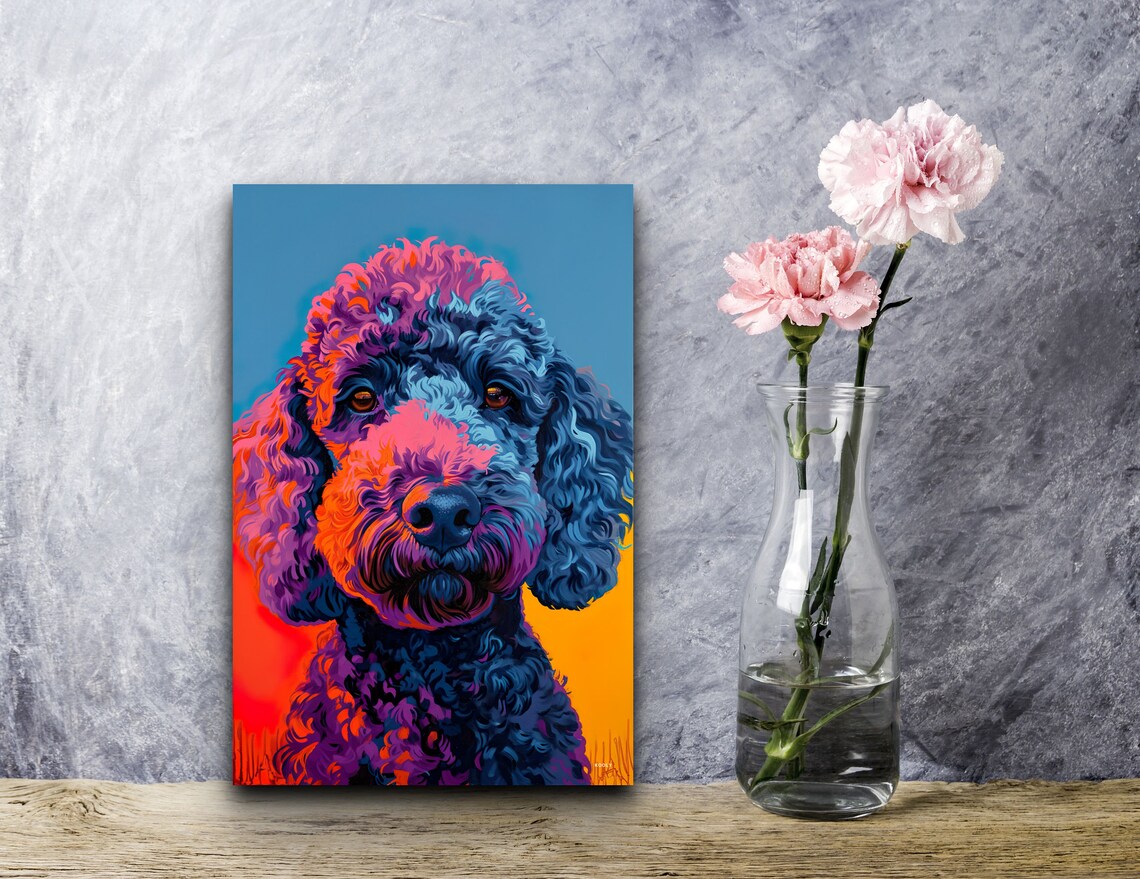 Curly Poodle Dog Portrait in Bold Blue Pink and Orange Pop Art Poster