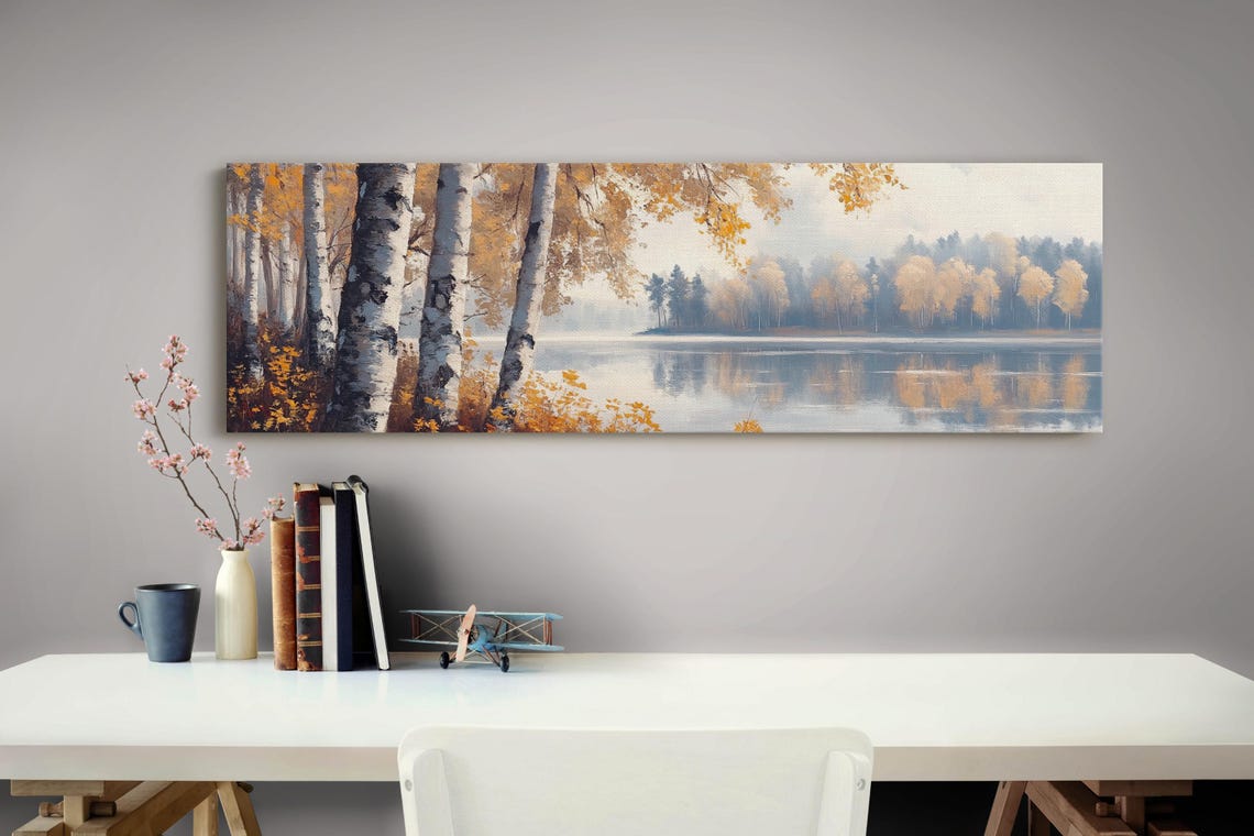 Autumn Birch Trees By Serene Lake Reflections Landscape Art Poster - Image 5