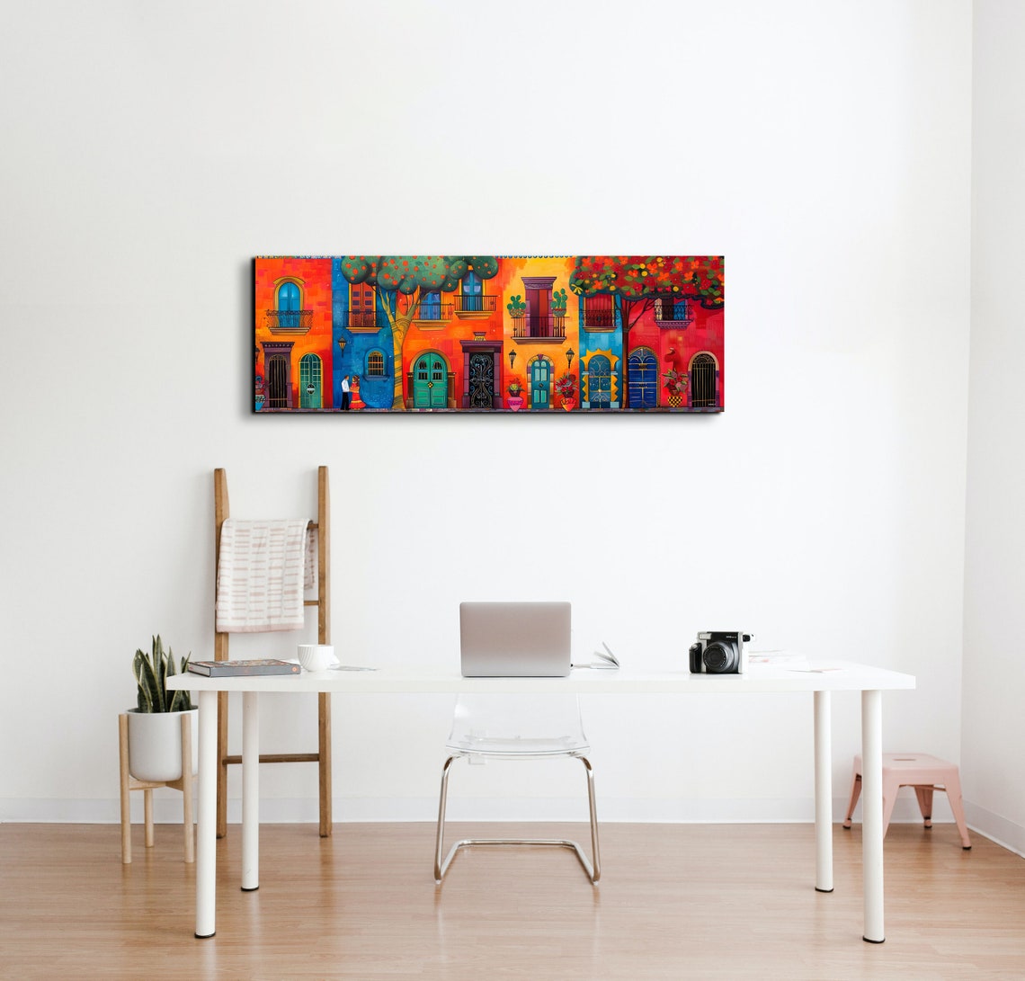 Colorful Mexican Street Scene With Couple Panoramic Folk Poster - Image 4