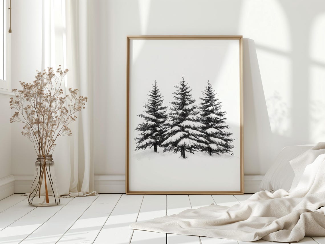 Snow Covered Pine Trees Minimalist Monochrome Winter Forest Print