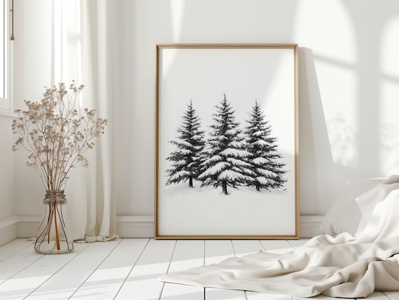 Snow Covered Pine Trees Minimalist Monochrome Winter Forest Print