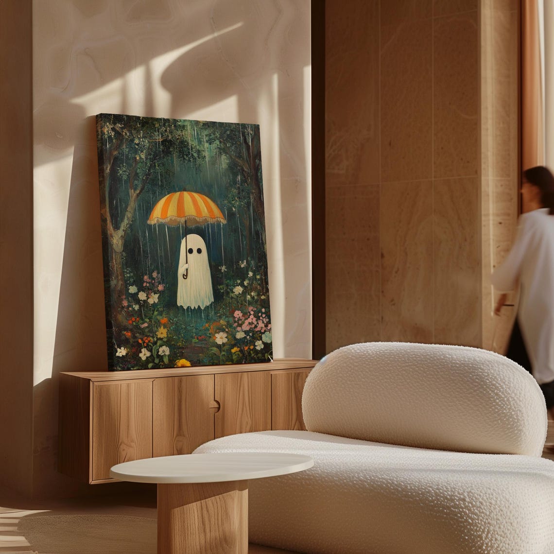 Whimsical Ghost In Rain With Umbrella Vintage Forest Scene Poster - Image 4