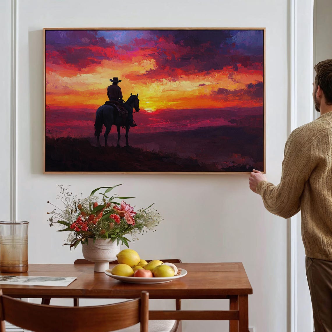 Cowboy At Sunset Art Western Landscape Wall Decor Rustic Prairie Scene Vibrant Sky Poster - Image 5