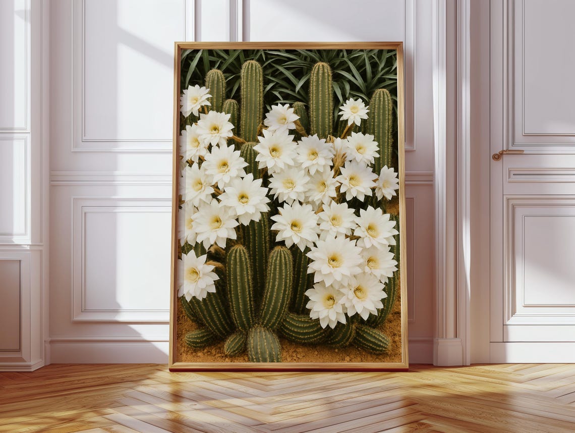 White Night Blooming Cactus Flowers Tall Columnar Cacti Poster