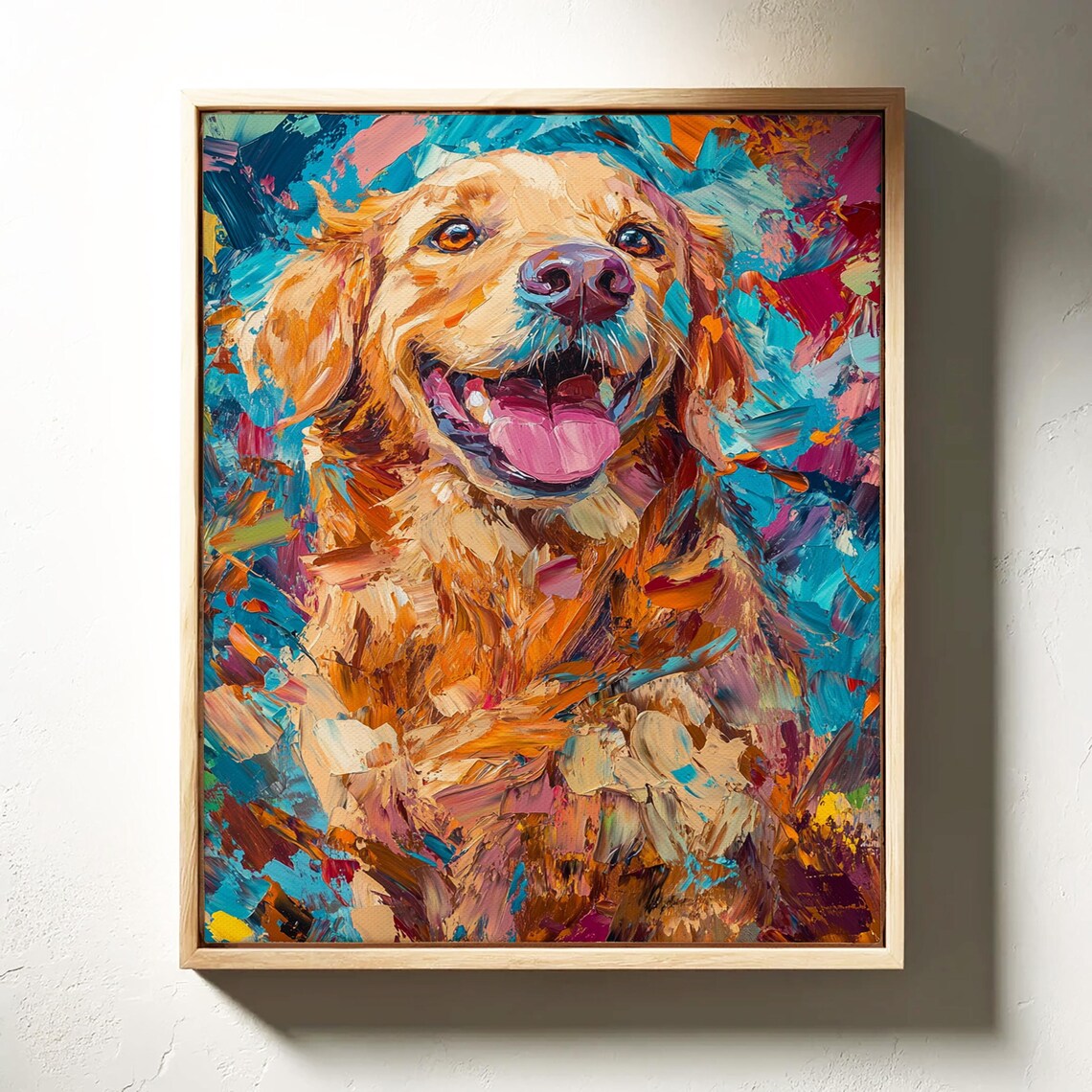Colorful Golden Retriever Happy Dog Portrait Impasto Painting Wall Art