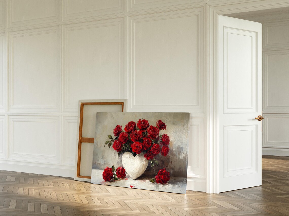 Red Rose Bouquet In White Heart Vase Romantic Oil Painting Poster - Image 5