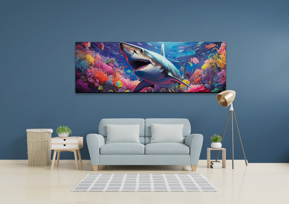 Great White Shark Coral Reef Vibrant Ocean Wildlife Art Poster - Image 6