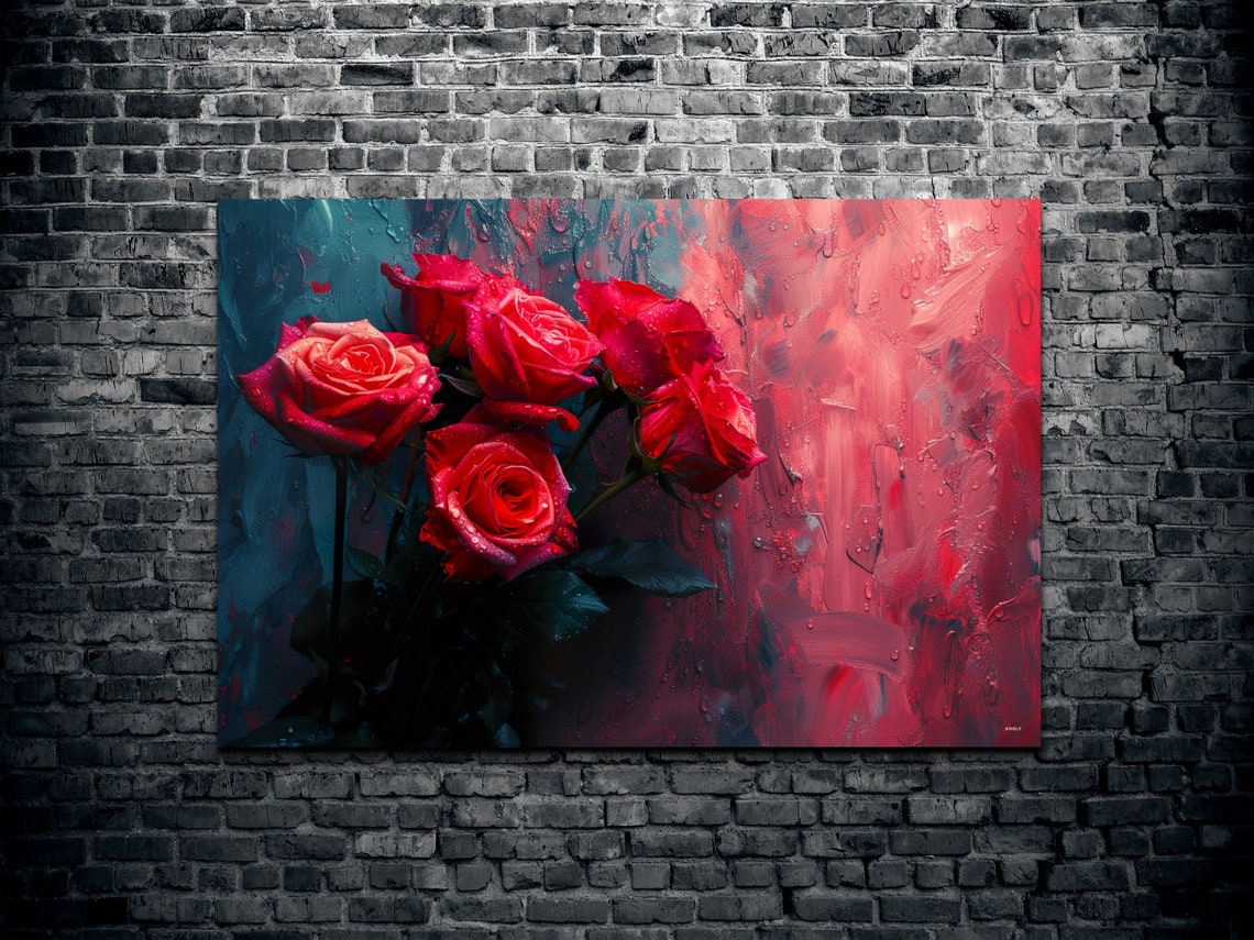 Red Roses Bouquet Against Teal And Crimson Painterly Floral Art Print - Image 3