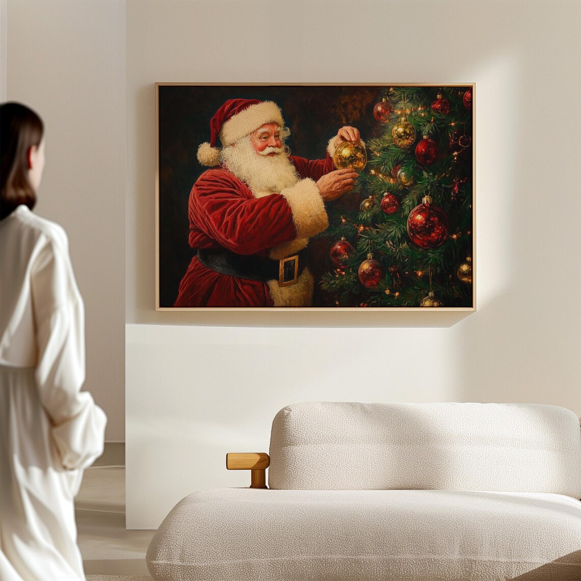 Santa Claus Hanging Gold Ornament on Christmas Tree Vintage Poster - Image 4