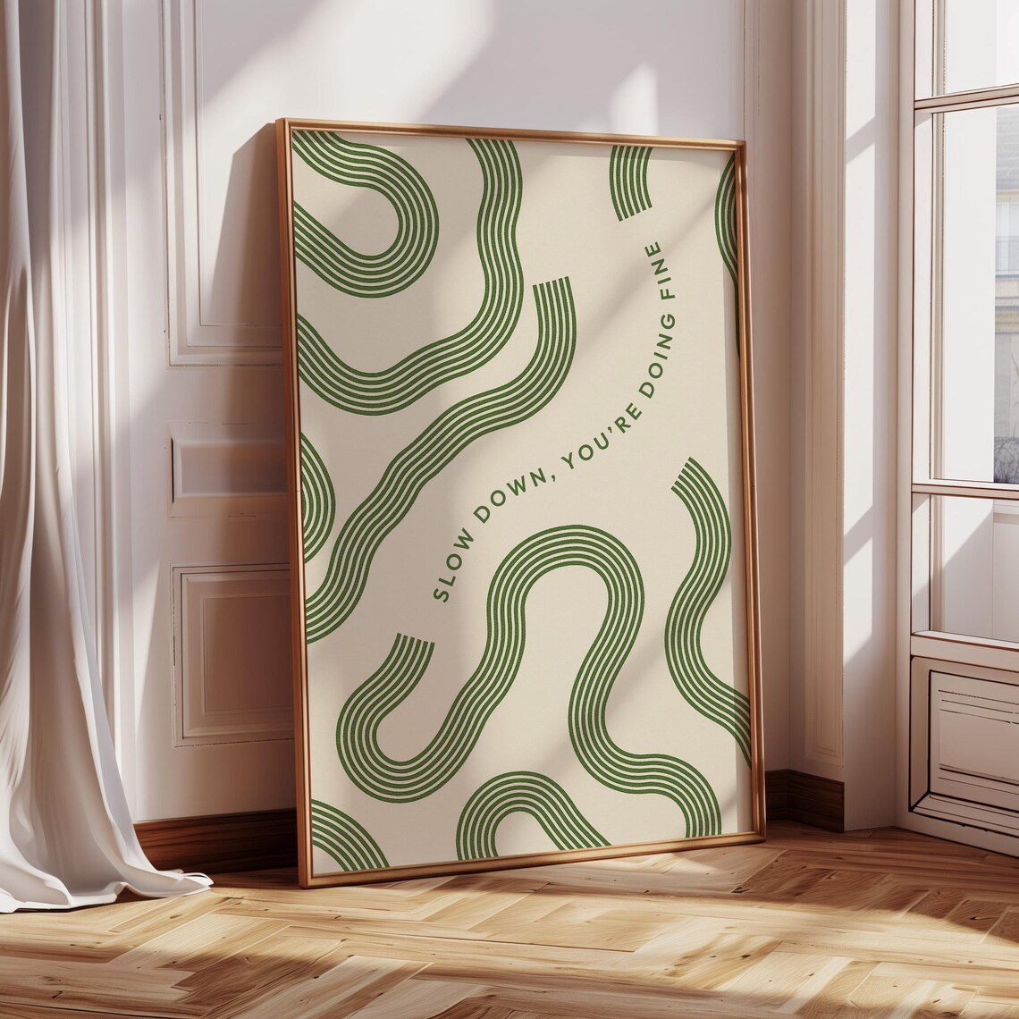 Slow Down You're Doing Fine Green Retro Wavy Line Quote Poster