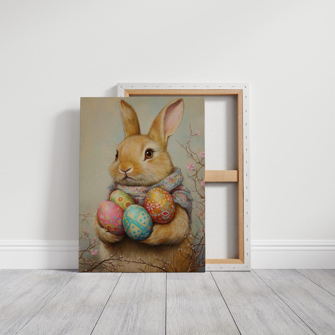 Golden Bunny Holding Painted Easter Eggs With Cherry Blossoms Wall Art - Image 3