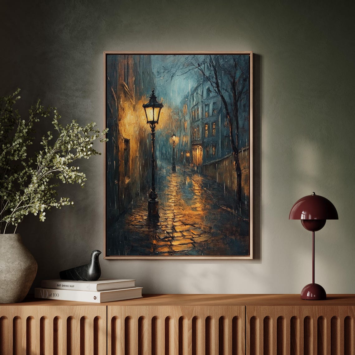Rainy Night City Street With Glowing Vintage Lamp Posts Poster - Image 7