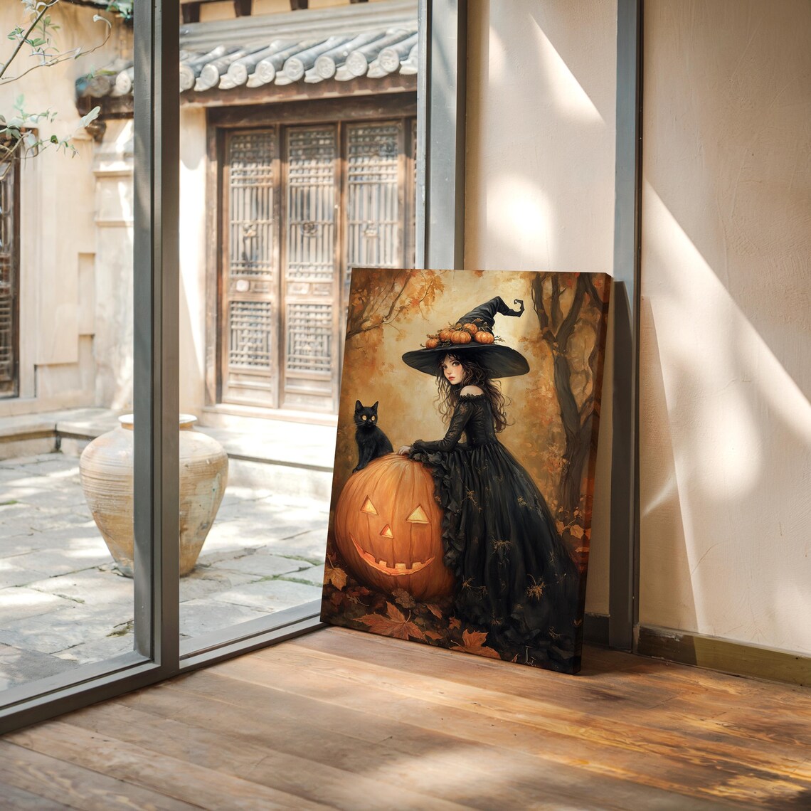 Gothic Witch Girl With Black Cat And Jack O Lantern Autumn Forest Poster - Image 2