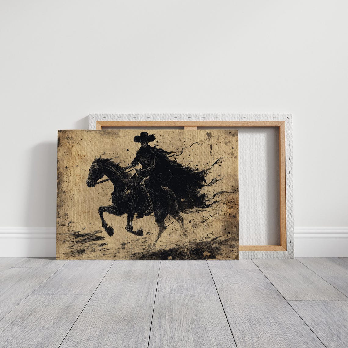 Skeleton Cowboy Riding Horse On Aged Parchment Dark Western Ink Poster - Image 3