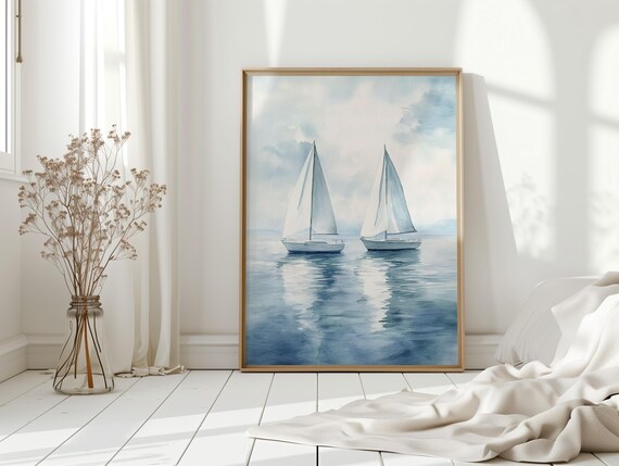 Minimalist Sailboats On Calm Blue Water Coastal Nautical Poster