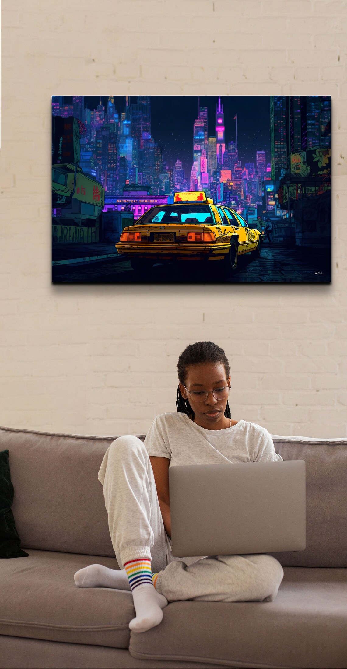 Yellow Taxi Neon City Night Street Cyberpunk Urban Art Poster - Image 2
