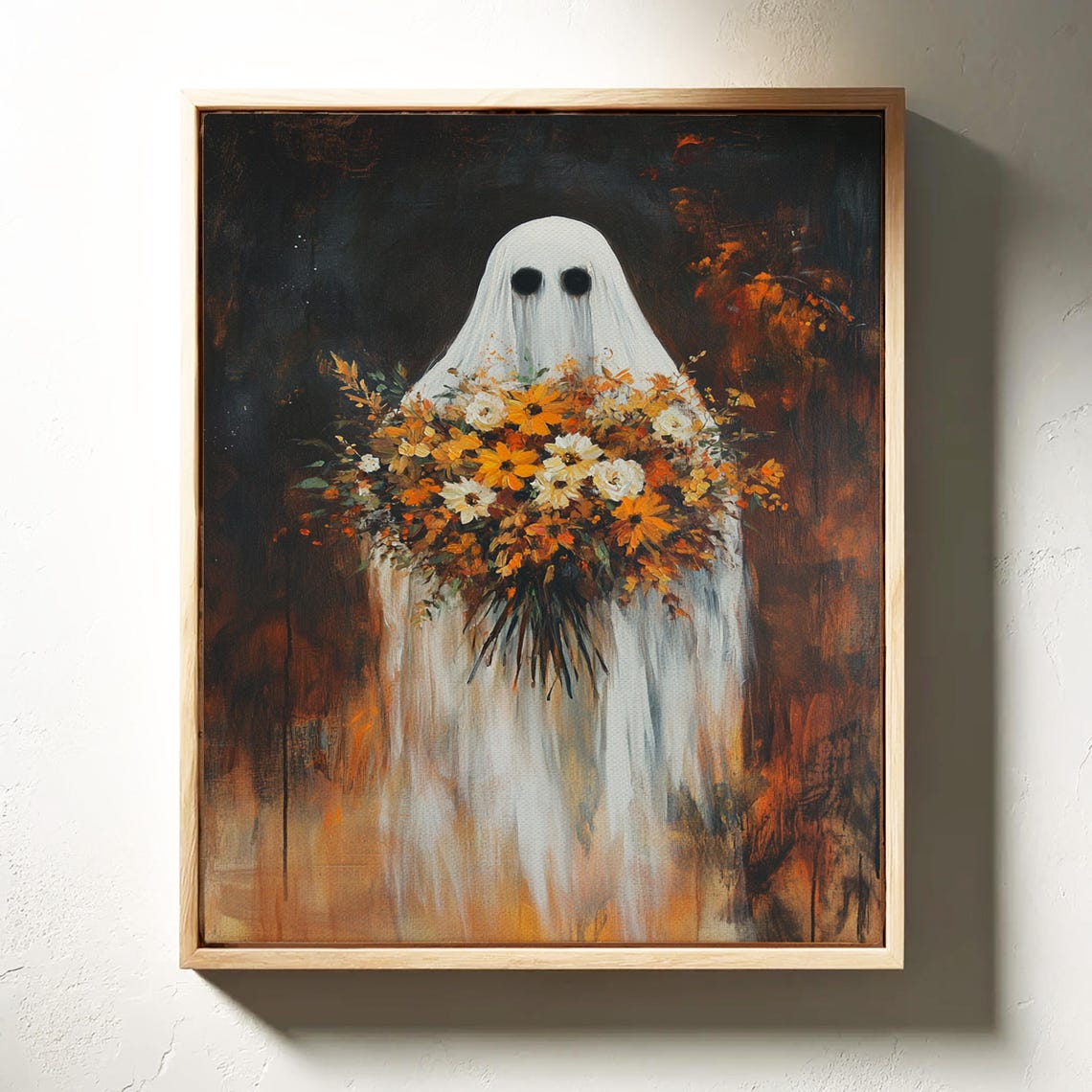 Ghost Holding Autumn Bouquet Rustic Halloween Floral Art Poster - Image 6