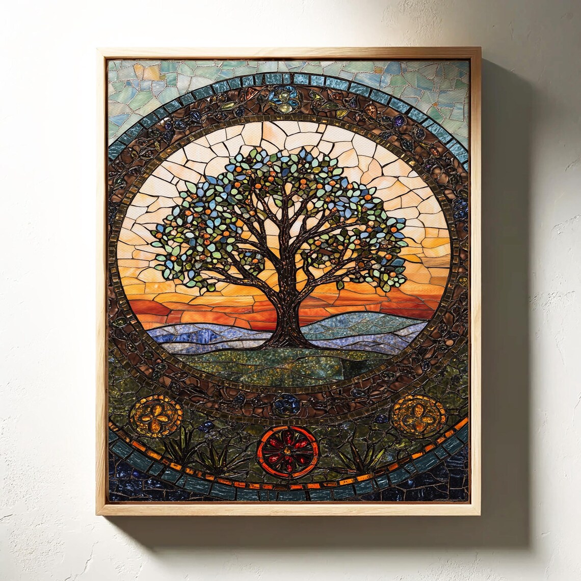 Stained Glass Tree Of Life Mosaic At Orange Sunset With Hills Poster - Image 3