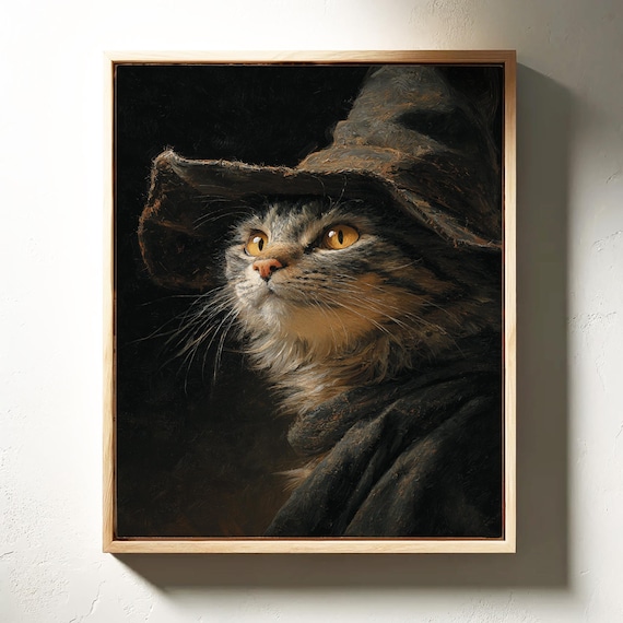 Witch Cat Portrait Tabby In Witch Hat Golden Eyes Dark Gothic Pet Wall Art