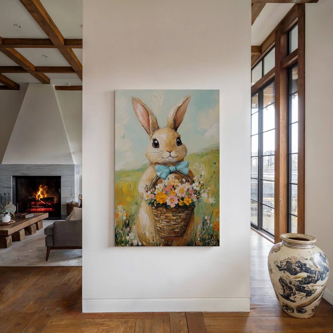 Cute Bunny in Blue Bow Tie Holding Basket of Wildflowers Poster - Image 3