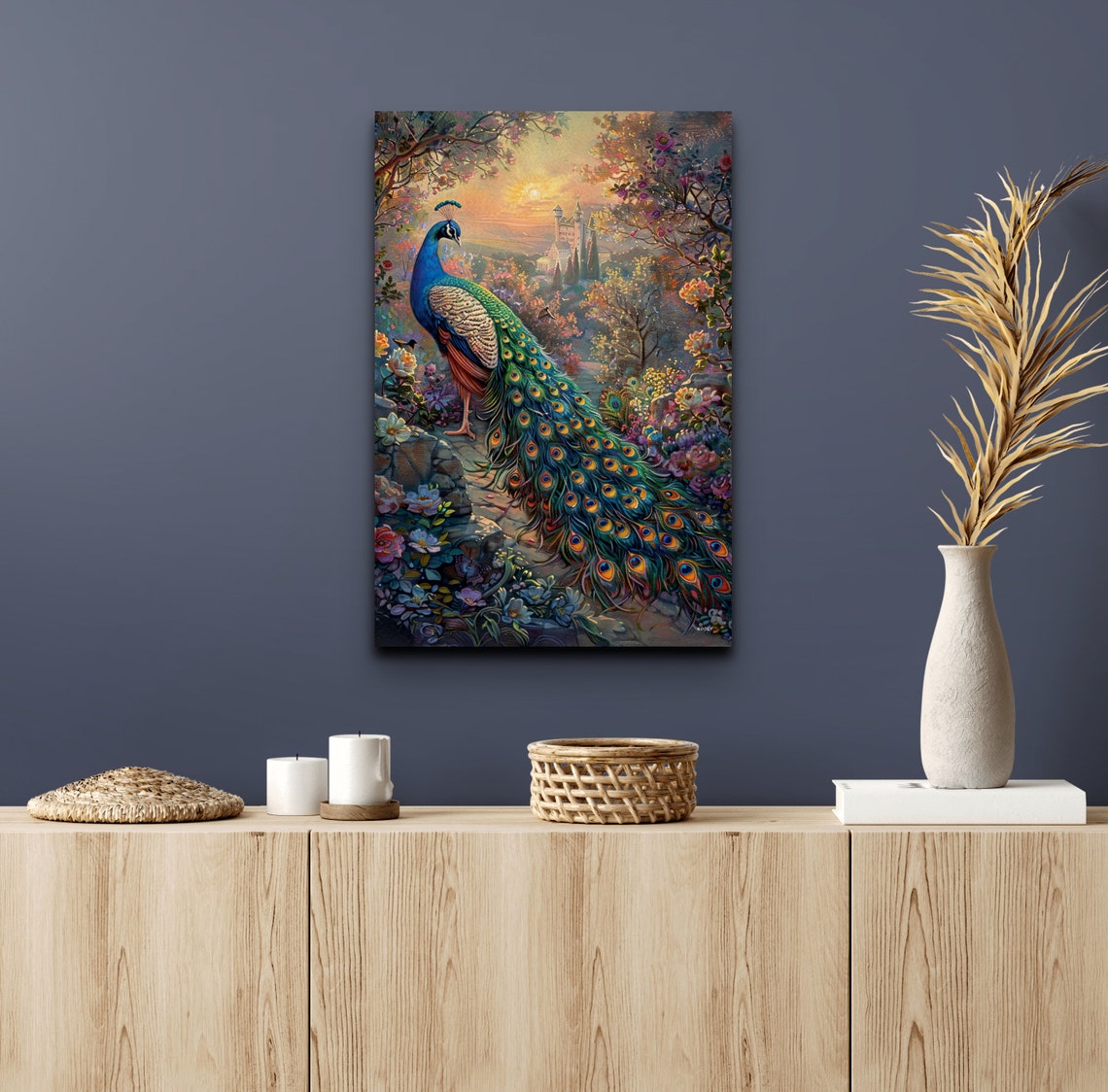 Peacock On Stone Garden Path Sunset Blooms Fantasy Painting Wall Art - Image 4