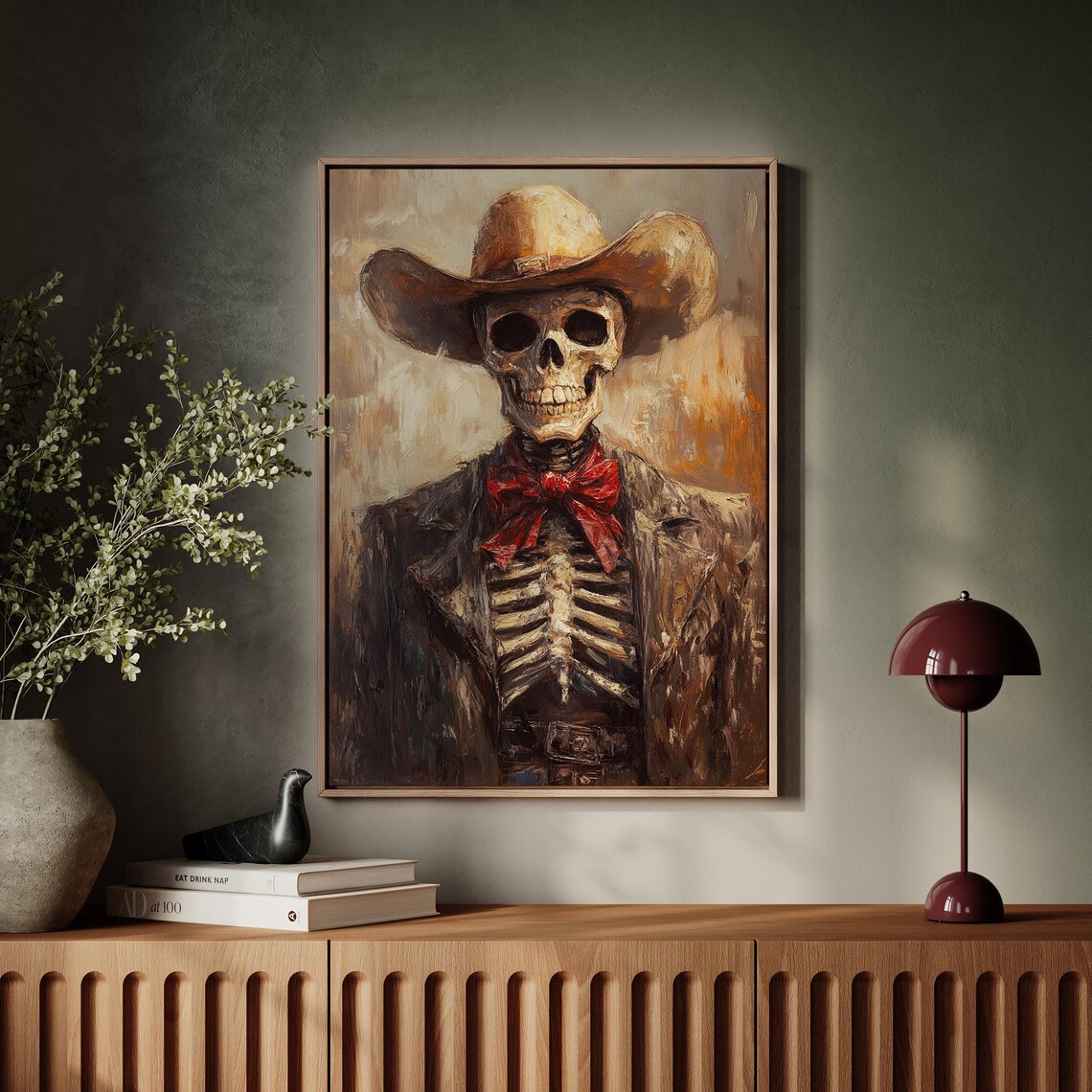 Western Cowboy Skeleton in Hat and Red Bow Tie Oil Painting Poster - Image 5