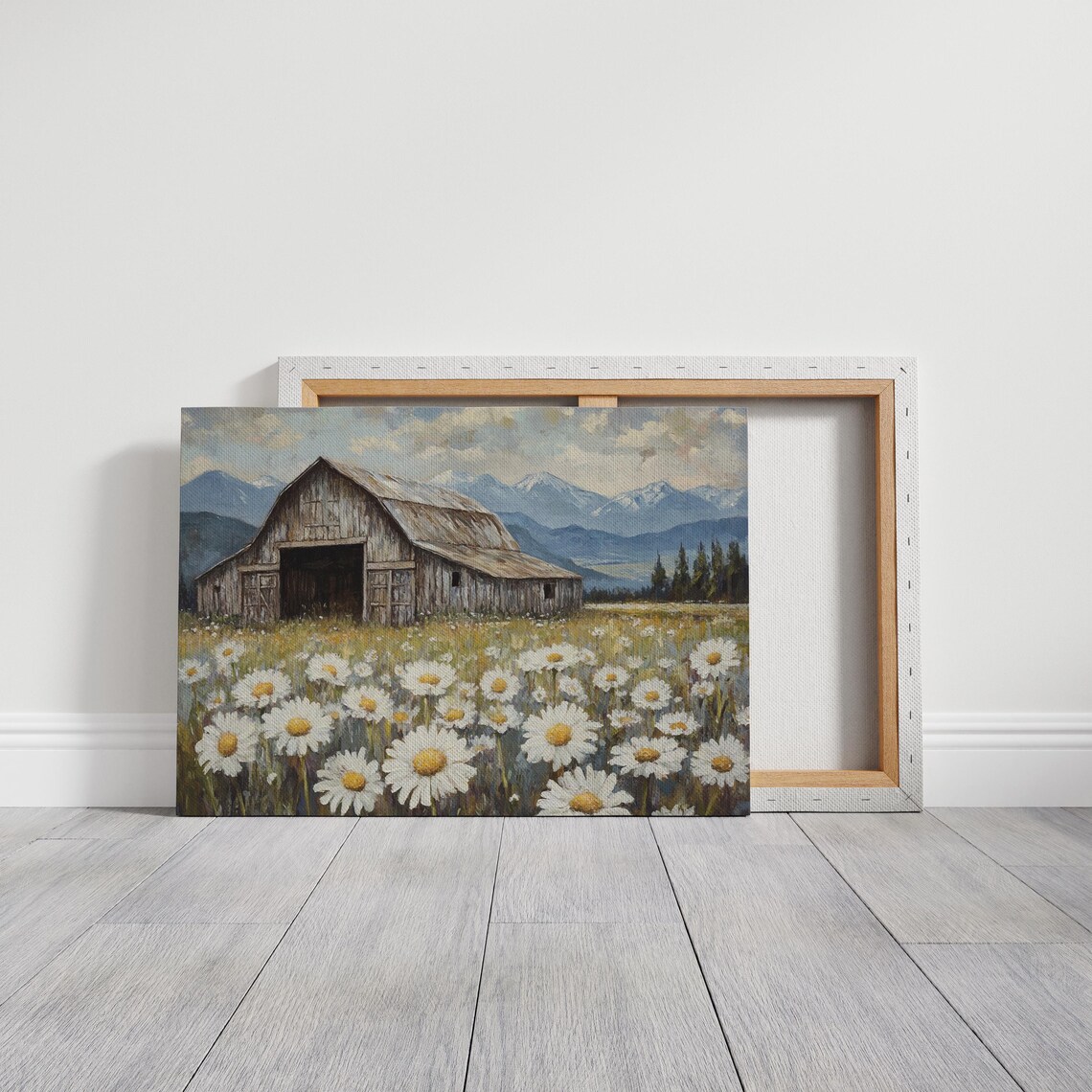 Rustic Barn With Daisies, Farmhouse Landscape Art Print - Image 3