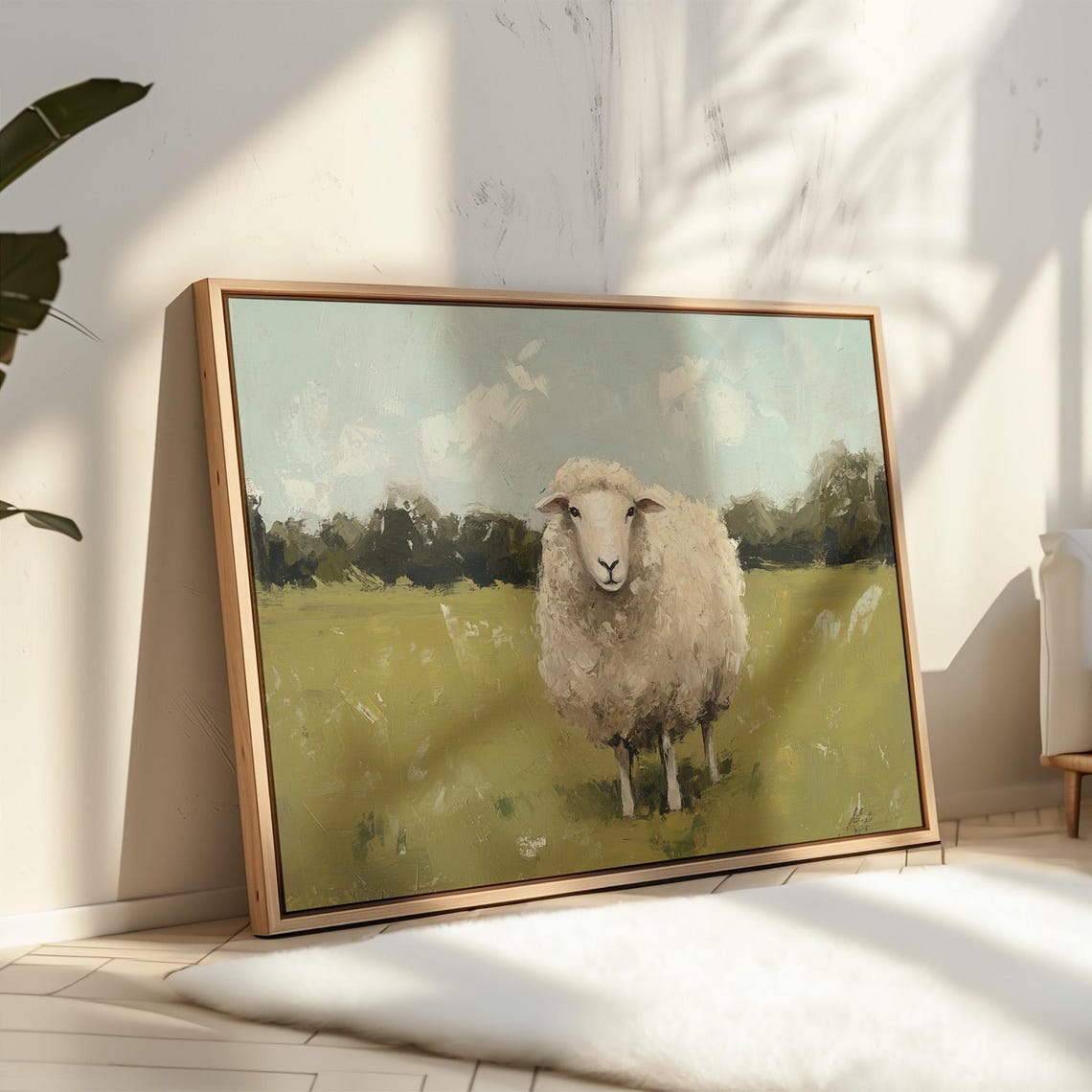 Rustic White Sheep Portrait in Meadow Textured Oil Painting Poster