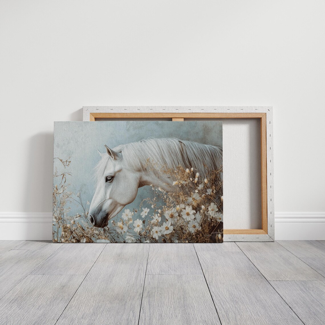 White Horse In Wildflower Meadow, Rustic Art Print - Image 7