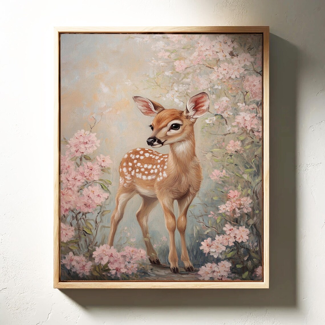 Spotted Fawn Standing Pink Blossom Branches Vintage Woodland Poster - Image 6