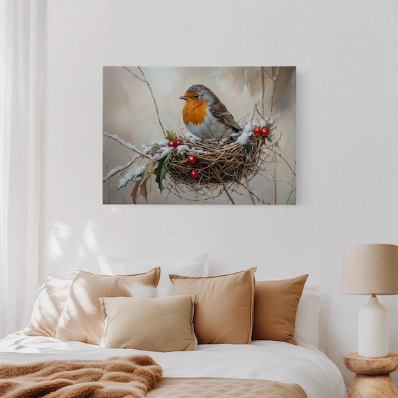 Winter Robin Snowy Nest Holly Berries Cozy Christmas Bird Poster
