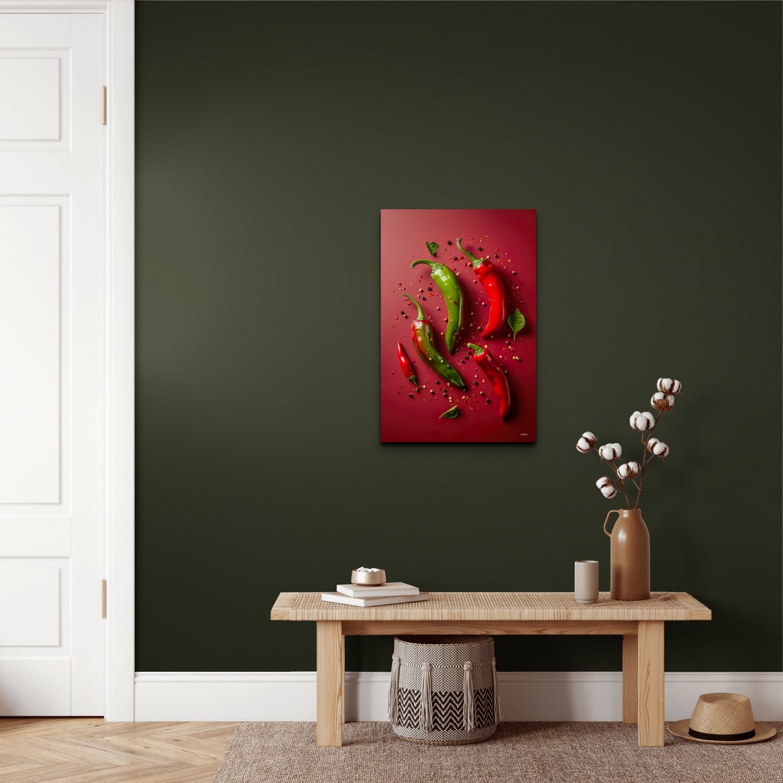 Red Green Chili Peppers On Crimson Spices Still Life Kitchen Wall Art - Image 6