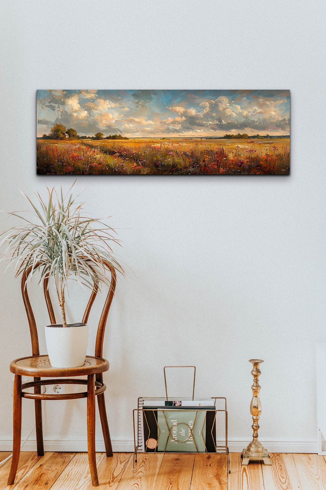 Golden Autumn Wildflower Meadow Under Blue Sky Vintage Art Poster - Image 4
