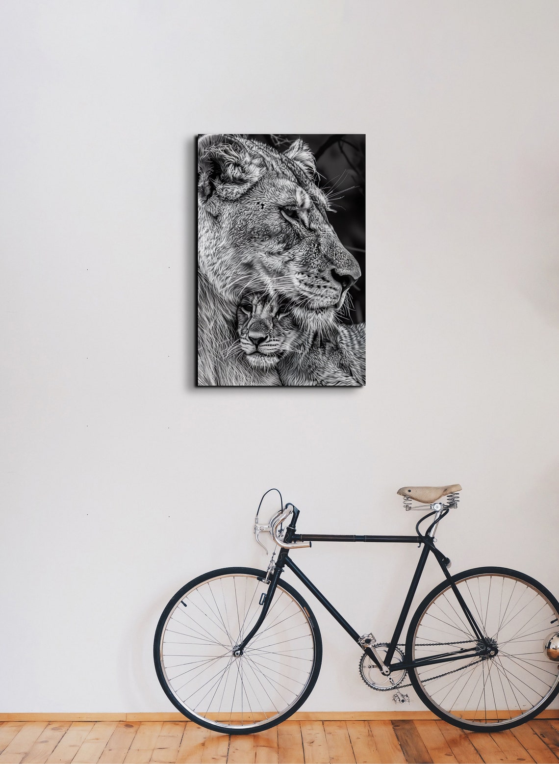 Black and White Lioness Holding Her Cub Close Wildlife Poster - Image 3