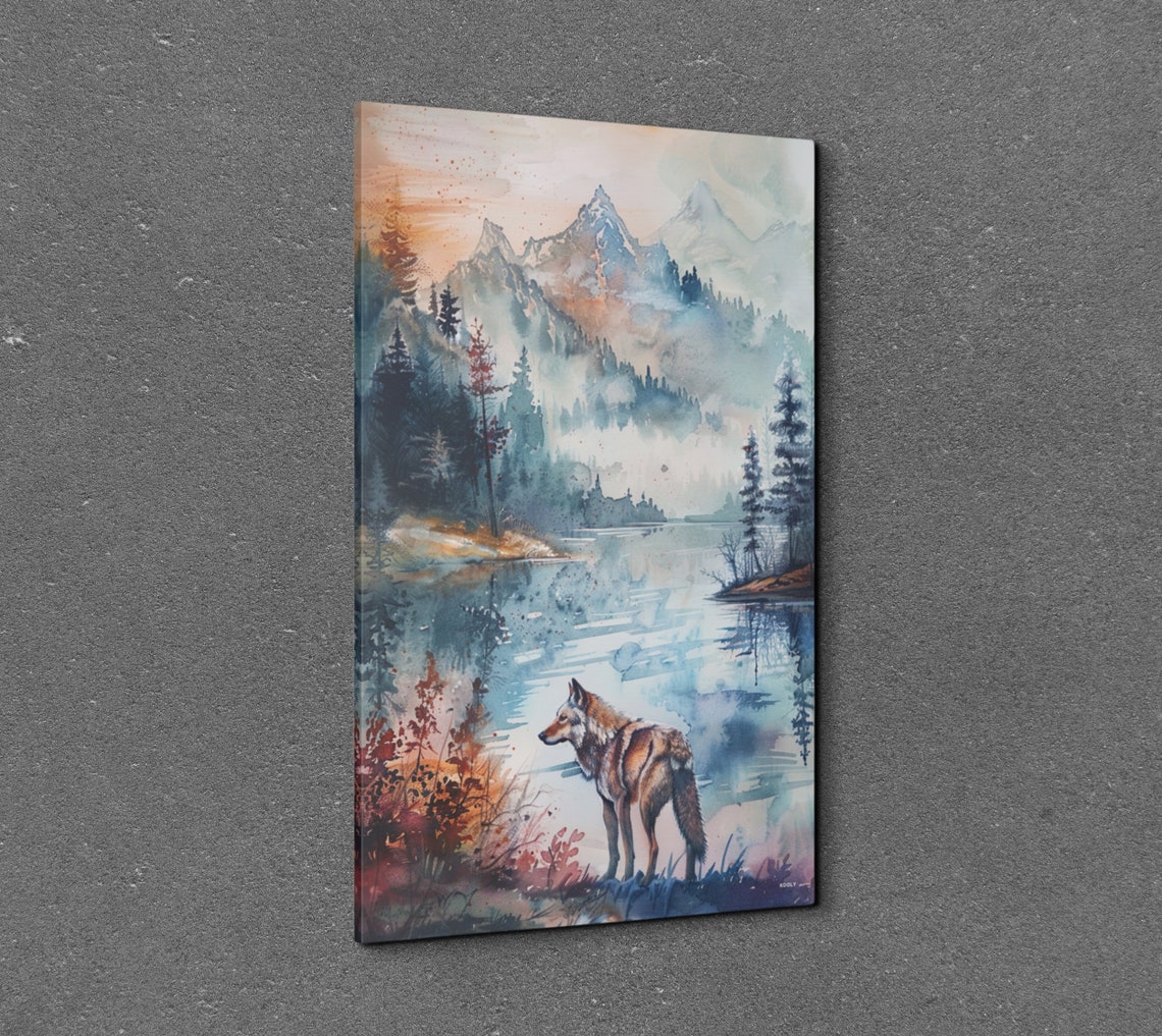 Watercolor Wolf Naturescape Art Print - Image 3