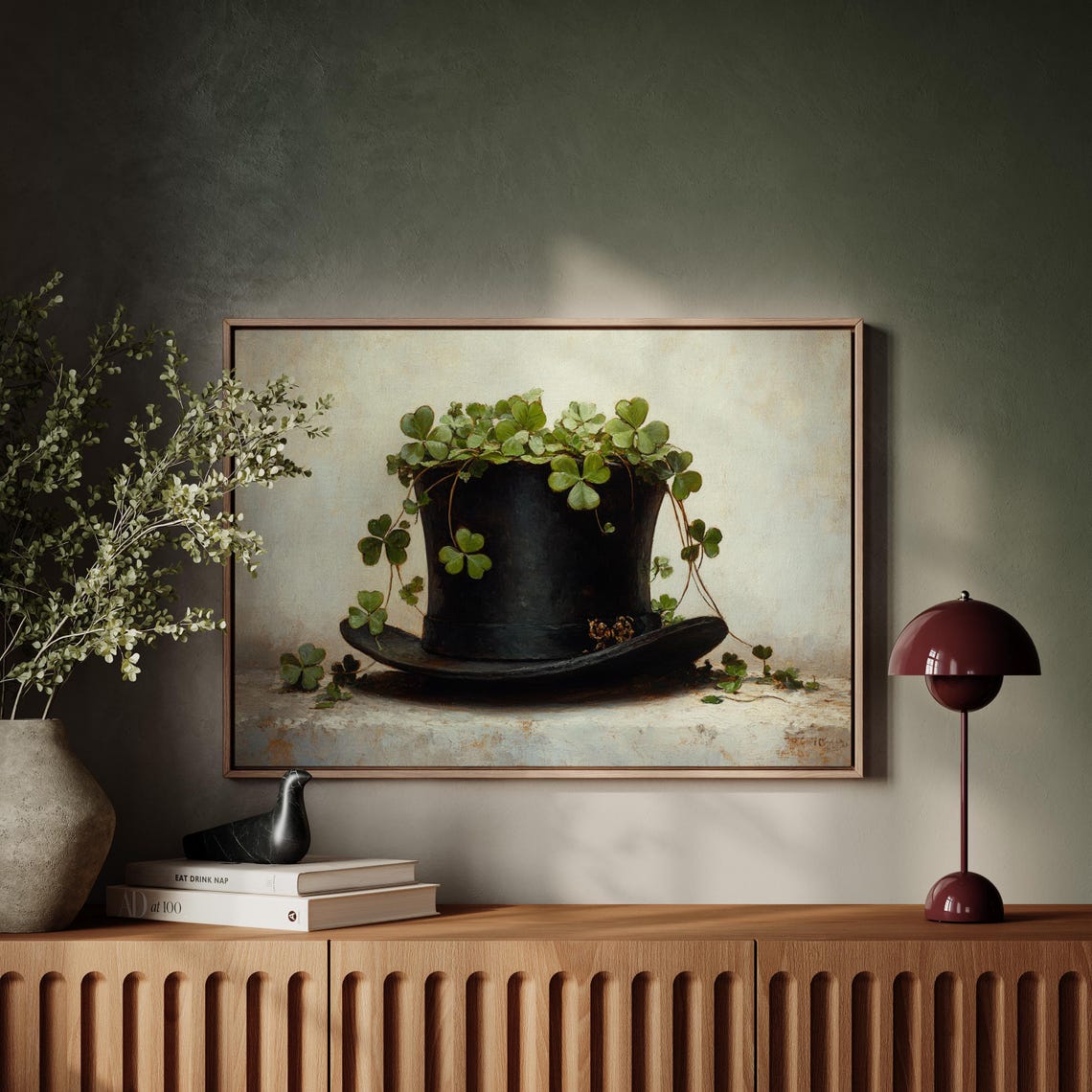 Clover Sprouting From Black Top Hat Vintage Still Life Wall Art - Image 7
