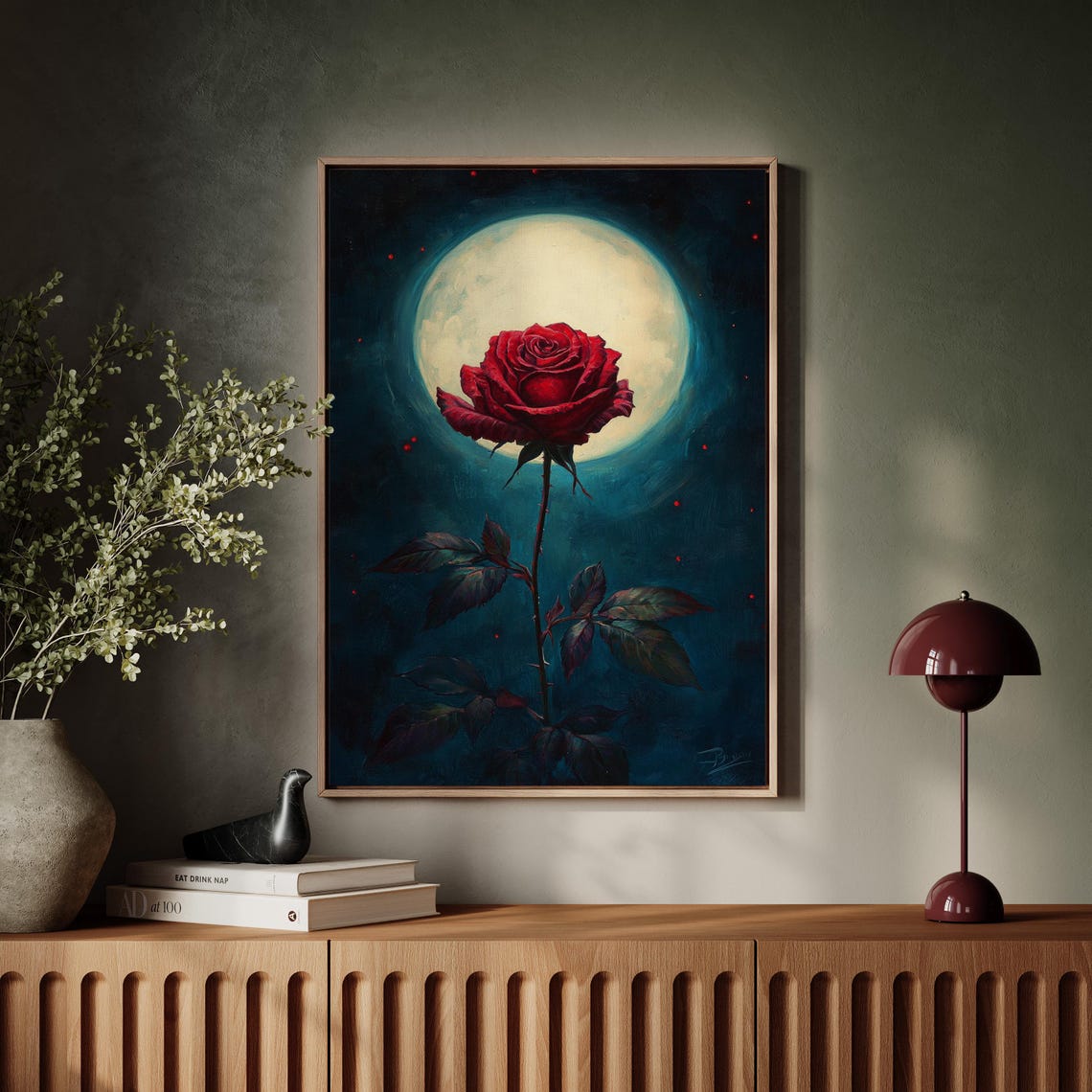 Single Red Rose Glowing Full Moon Night Dramatic Floral Poster