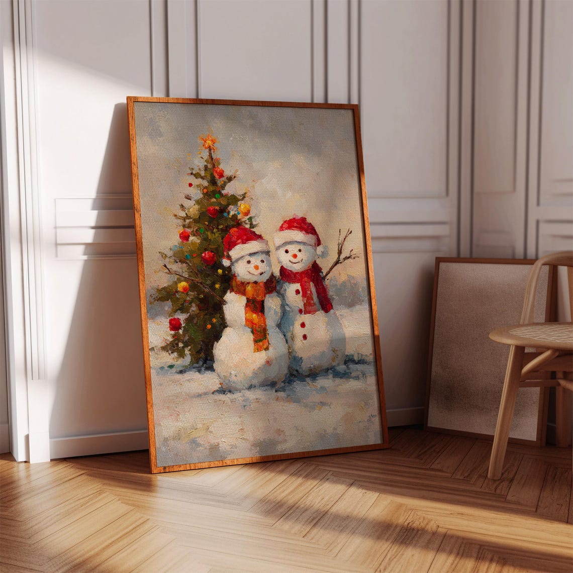 Snowman Couple Christmas Tree Vintage Oil Painting Holiday Poster