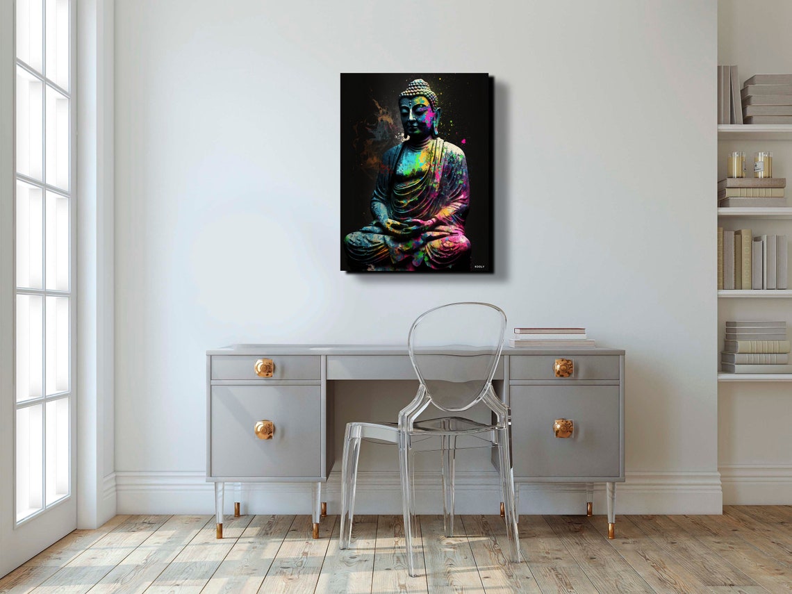 Buddha Statue Colorful Neon Paint Splatter Meditation Art Poster - Image 3