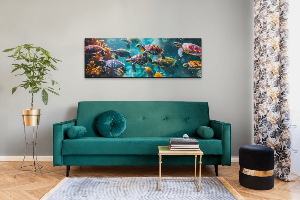 Sea Turtles Swimming Coral Reef Panoramic Underwater Scene Poster - Image 7
