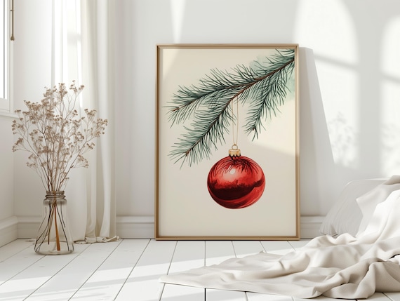 Red Christmas Bauble Hanging From Pine Branch Watercolor Art Poster