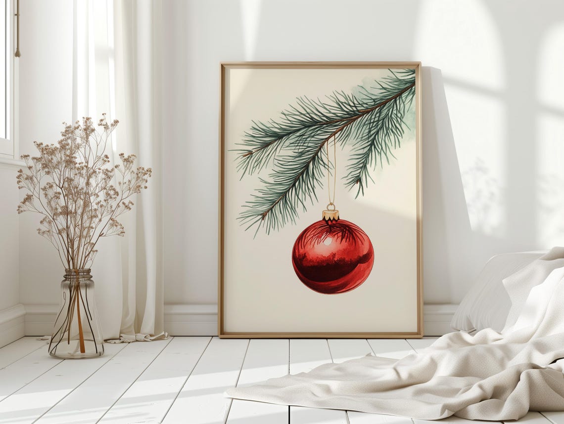 Red Christmas Bauble Hanging From Pine Branch Watercolor Art Poster