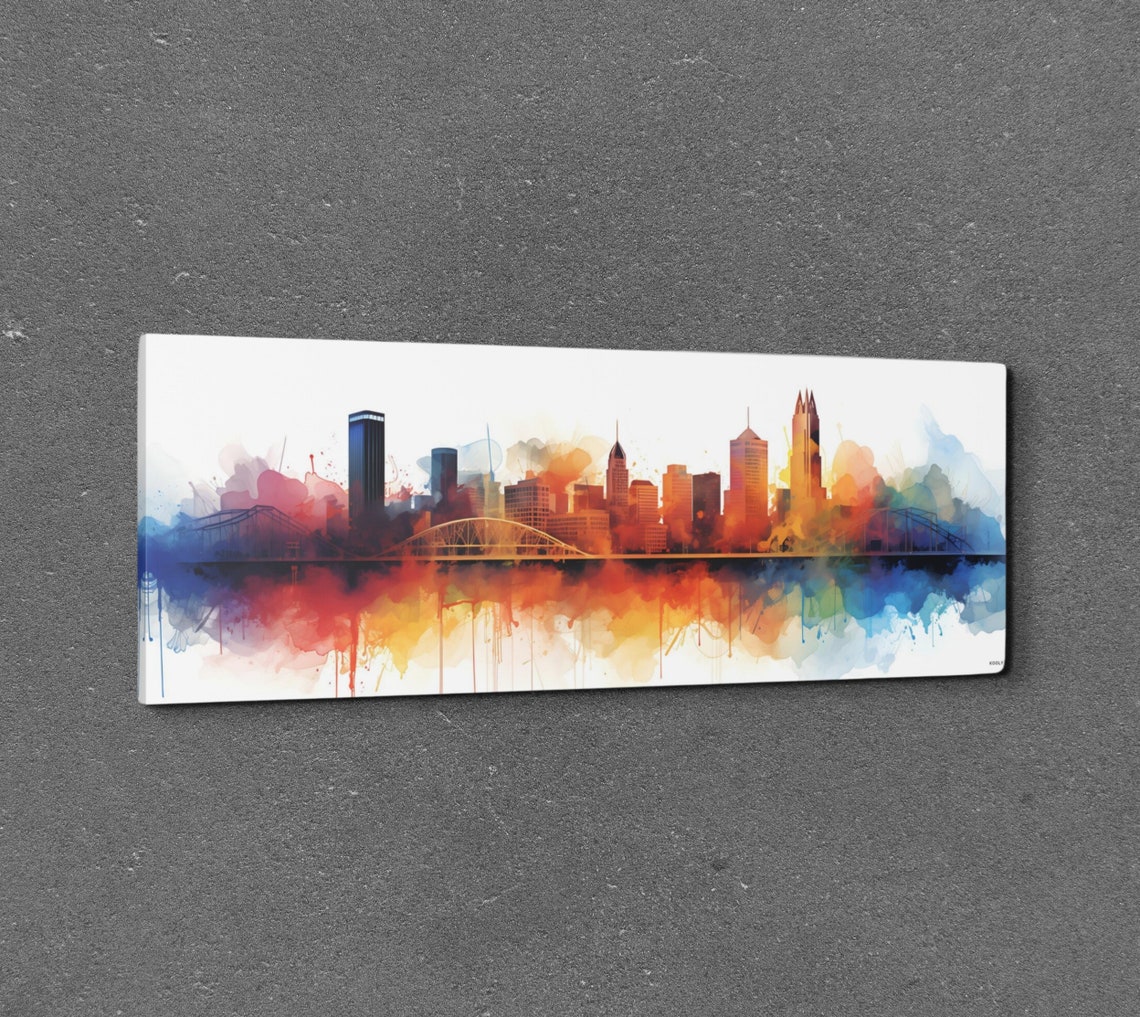 Pittsburgh Skyline Watercolor Poster With Colorful River Reflections